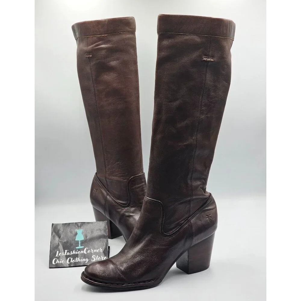 Frye Women's Brown Leather Rory Scrunch Knee-High Heeled Boots Size 7 3242 - Picture 10 of 16